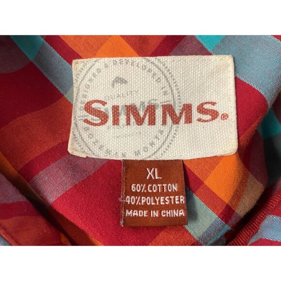 Simms Men's Extra Large Short Sleeve Plaid Fishing Red Orange Mint Green - Picture 8 of 8